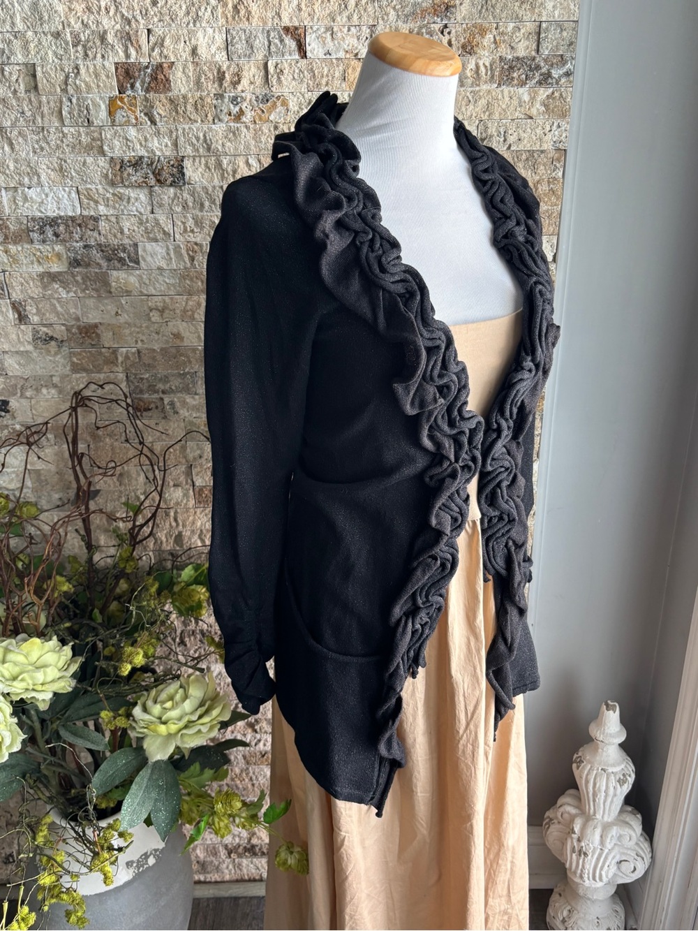 INC International Concepts Black Ruffle-Trim Cardigan
